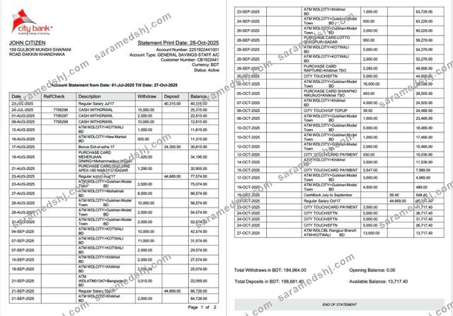 Bangladesh City Bank statement Word and PDF template, 2 pages